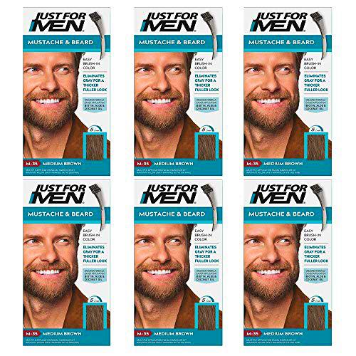 6 x Just For Men Barba y bigote Color permanente con pincel sin amoniaco castaño medio M-35 2 x 14 ml gel colorante