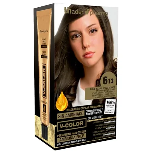 Thader Pharma V-Color Kit de Tinte permanente Sin Amoniaco con Oro Líquido 100% Cobertura de canas