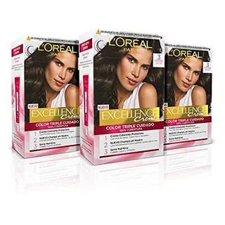 L'ORÉAL PARIS Pack 3x Excellence Creme Tinte Permanente Triple Cuidado 100% Cobertura Canas Tono 3 Castaño Oscuro