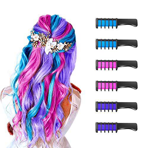 6 colores Peines de Tiza de Colores para el Pelo Temporal Cabello Tiza No Tóxico Lavables Color para el Pelo Teñido Fiesta Navidad Cumpleaños y Cosplay Niñas y Niños Regalos(Azul+ Rosa+Violeta)