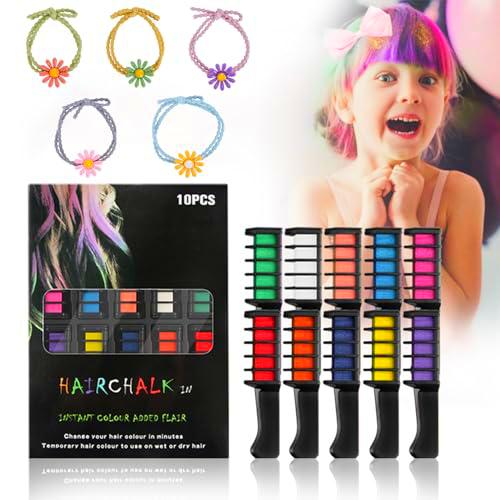 SCLLNDA Tiza de Pelo,10 Colores Tizas Para el Pelo y 5 Coleteros,Juego De Tinte Temporal,Peine De Tiza Para El Cabello,Tinte no Tóxico Lavables,Para Navidad,Carnaval,Fiesta,Cosplay,niños Pelo teñido