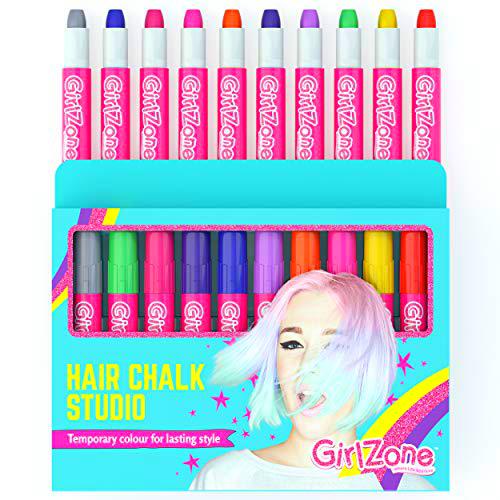 GirlZone Regalos para Niñas Tizas para el Pelo 10 Tizas de Color Lavables Fácil Usar: 10 Colores Metálicos Hair Chalk for Girls Regalo de Cumpleaños 3 a 12 Años