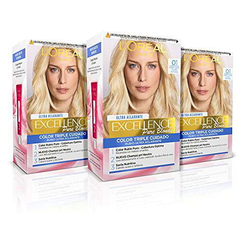 L'ORÉAL PARIS Pack 3x Excellence Pure Blonde Tinte Permanente Triple Cuidado Tono 01 Rubio Claro Natural