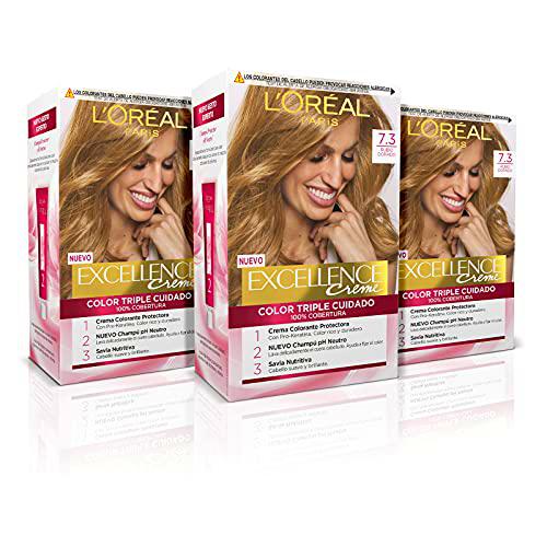L'ORÉAL PARIS Pack 3x Excellence Creme Tinte Permanente  Triple Cuidado 100% Cobertura Canas Tono 7.3 Rubio Dorado