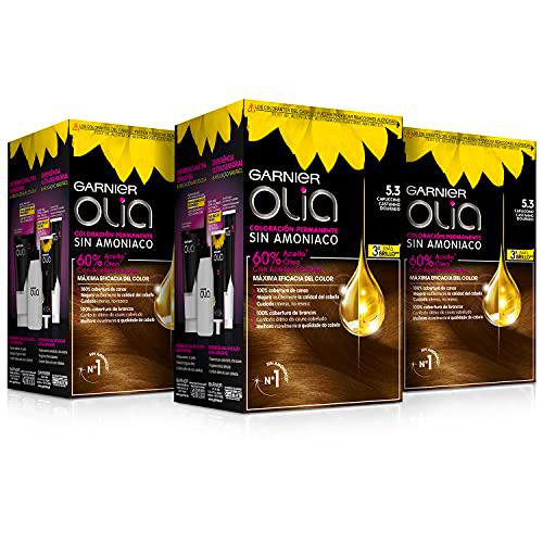 Garnier Olia - Pack de 3 coloración permanente sin amoniaco para un olor agradable con aceites florales de origen natural