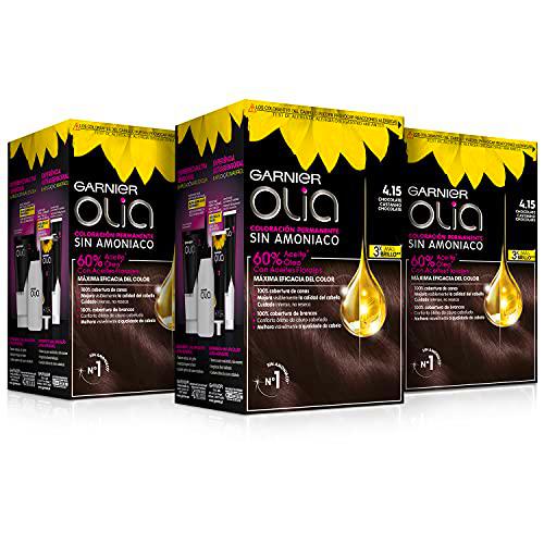 Garnier Olia - Pack de 3 coloración permanente sin amoniaco para un olor agradable con aceites florales de origen natural