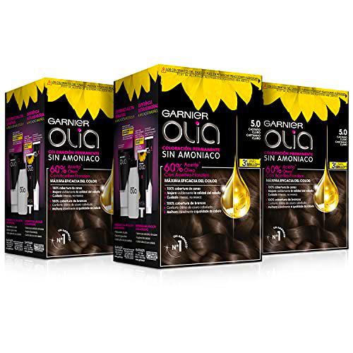 Garnier Olia - Pack de 3 coloración permanente sin amoniaco para un olor agradable con aceites florales de origen natural