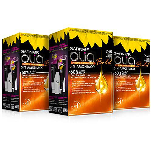 Garnier Olia - Pack de 3 coloración permanente sin amoniaco para un olor agradable con aceites florales de origen natural