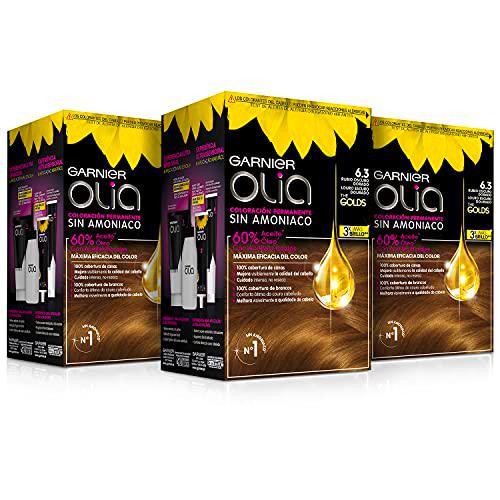 Garnier Olia - Pack de 3 coloración permanente sin amoniaco para un olor agradable con aceites florales de origen natural