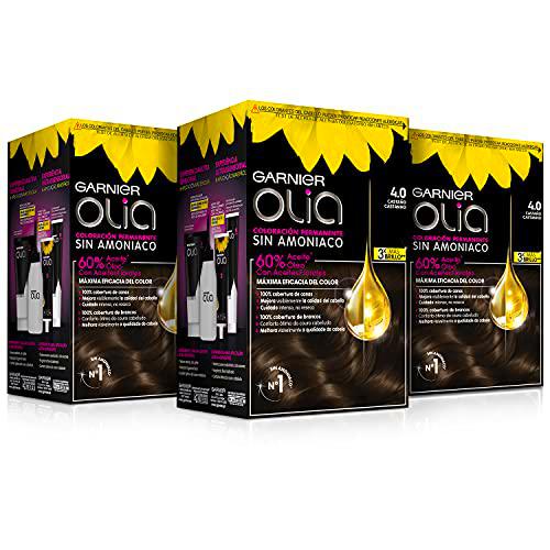 Garnier Olia - Pack de 3 coloración permanente sin amoniaco para un olor agradable con aceites florales de origen natural