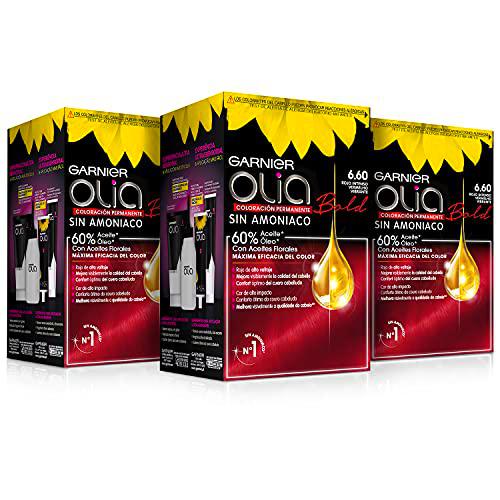 Garnier Olia - Pack de 3 coloración permanente sin amoniaco para un olor agradable con aceites florales de origen natural