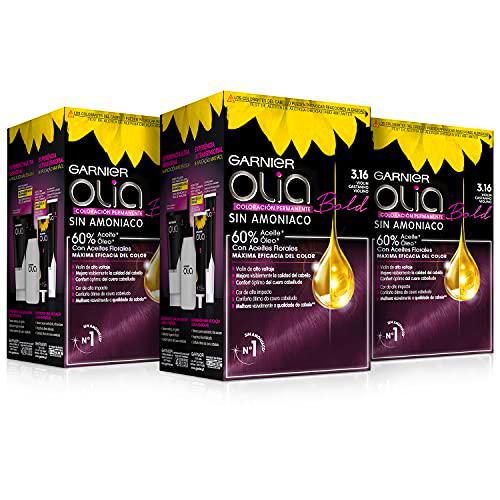 Garnier Olia - Pack de 3 coloración permanente sin amoniaco para un olor agradable con aceites florales de origen natural