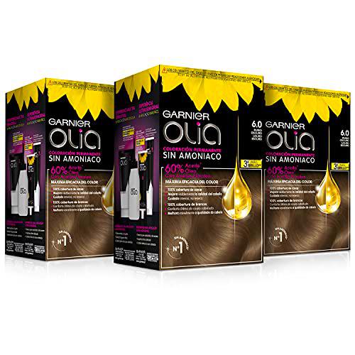 Garnier Olia - Pack de 3 coloración permanente sin amoniaco para un olor agradable con aceites florales de origen natural