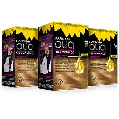 Garnier Olia - Pack de 3 coloración permanente sin amoniaco para un olor agradable con aceites florales de origen natural