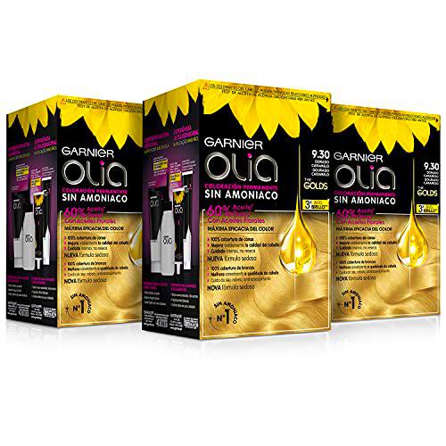 Garnier Olia - Pack de 3 coloración permanente sin amoniaco para un olor agradable con aceites florales de origen natural