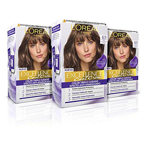 L'ORÉAL PARIS Pack 3x Excellence Cool Creme Tinte Permanente Triple Cuidado Efecto Anti-Anaranjado Tono 6.11 Rubio Ceniza Oscuro