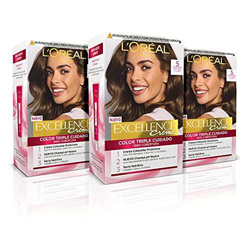 L'ORÉAL PARIS Pack 3x Excellence Creme Tinte Permanente  Triple Cuidado 100% Cobertura Canas Tono 5 Castaño Claro