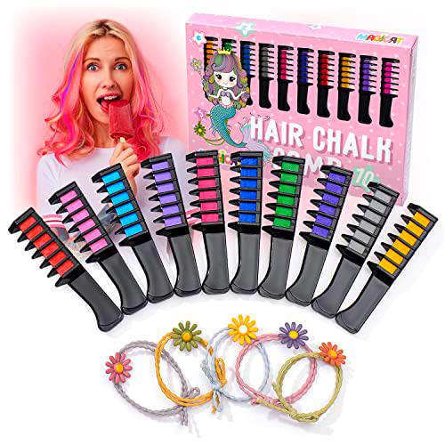 Magicat Premium Hair Chalk Set I 10 colores para niños y 5 gomas elásticas para el pelo I regalos de cumpleaños niñas