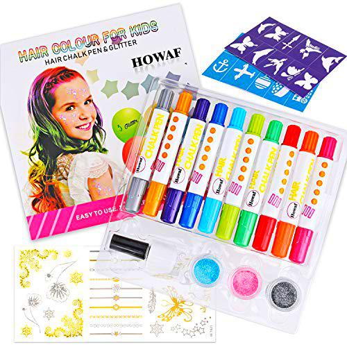 HOWAF Tiza para el Cabello -10 Colores Tizas del Pelo Tinte Pelo No tóxico Lavable Temporal Cabello para Mujer Niñas y Niños Pelo Teñido