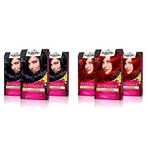 Schwarzkopf Palette Intensive Creme Color Tinte permanente 1.1 negro azulado (pack de 3) + Intensive Creme Color Tinte permanente 6.88 rojo rubí (pack de 3)