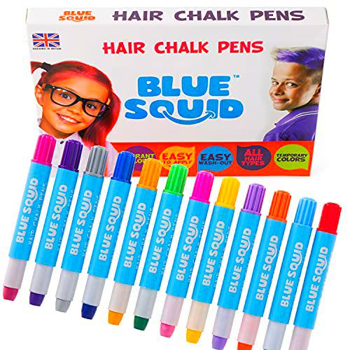 Blue Squid Tiza para el cabello para niñas - 10 bolígrafos temporales de color para el cabello para niños